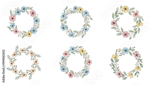 Vibrant floral wreaths adorned with flowers and leaves are arranged in rows on a plain background.
