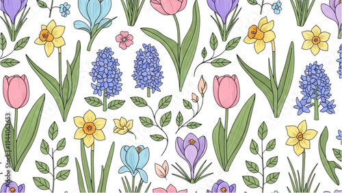 Vibrant flowers bloom in a colorful garden scene with tulips lilies daffodils azaleas and hyacinths