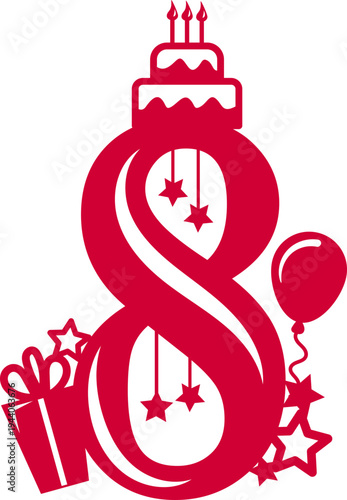 Numbers 8 and vertical striped candles on cake toppers. Anniversary celebration. Birthday party.