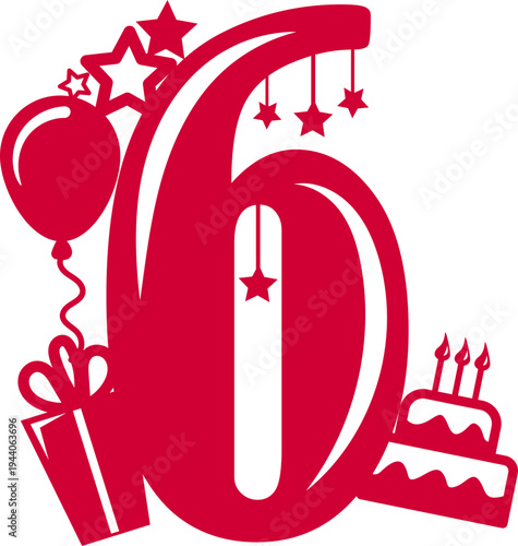 Numbers Six and vertical striped candles on cake toppers. Anniversary celebration. Birthday party.