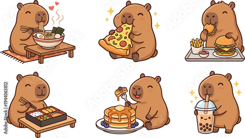 Cute Bear Eating Food Vector Collection Featuring Cartoon Brown Bear Enjoying Ramen, Pizza, Burger, Sushi, Pancakes, and Bubble Tea Kawaii Character Set