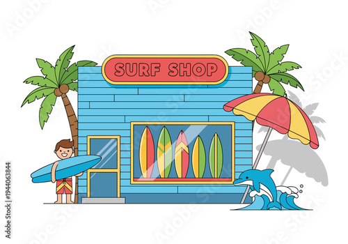 Cartoon surf shop with a boy holding a surfboard and a dolphin jumping waves