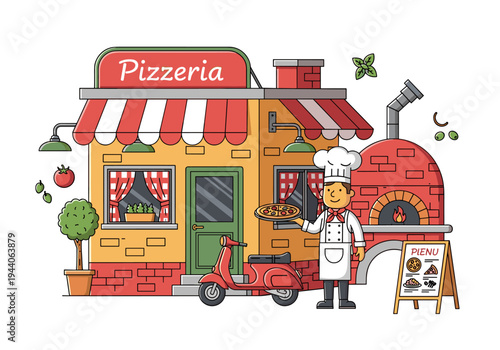 Cartoon pizzeria with chef holding pizza, scooter, and wood-fired oven