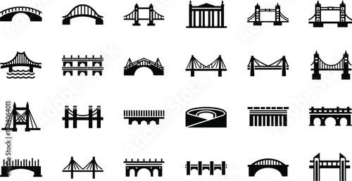 Comprehensive collection of black flat bridge silhouette icons, vector illustration featuring various city architectural designs including suspension and arch bridges