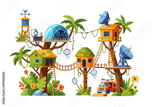 Whimsical treehouse village with scientific equipment and a jungle jeep
