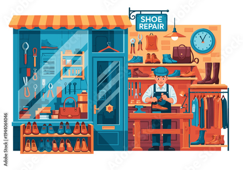 Shoe repair shop with cobbler working on a shoe and various footwear displayed