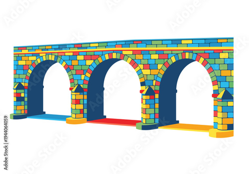 Colorful brick aqueduct with arches and bright colored pathways below