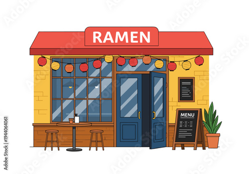 Charming ramen shop exterior with red awning, lanterns, and outdoor seating