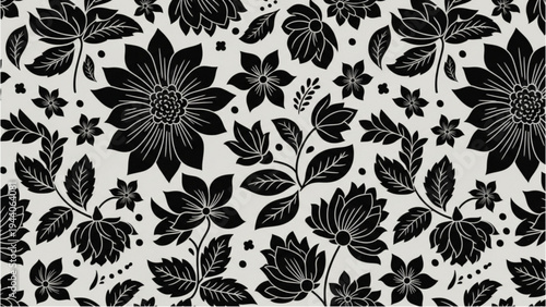 Black floral pattern with flowers and leaves on white background