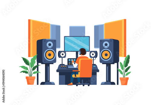 Sound engineer working in a modern recording studio with monitors and audio equipment