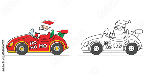 Vector illustration of cute Santa Claus driving a red sports car. Christmas coloring book page design with black and white outline and colorful example.