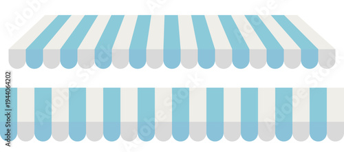 Blue and white striped shop awning. Vector illustration of a store tent or market canopy isolated on transparent background.