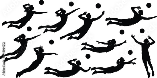 Volleyball player silhouettes set, jumping and diving athletes, sports action icons, beach volleyball team, competitive game movement, isolated vector illustrations. (20 words)