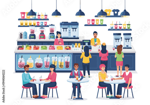 People enjoying bubble tea at a modern cafe with colorful drinks and fresh ingredients displayed