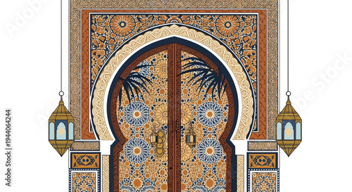 Colorful abstract modern vector illustration of a detailed Moroccan doorway with geometric patterns and lanterns, digital art background