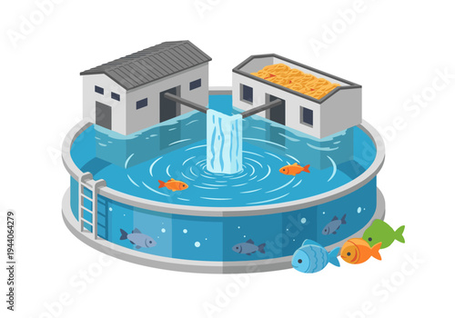 Modern aquaculture farm with fish tanks and buildings, isometric illustration