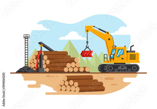 Logging industry scene with excavator and stacked logs in a flat design style