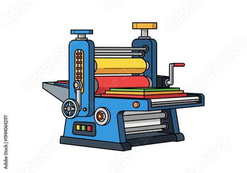 Illustration of a vintage printing press machine with colorful rollers and paper stacks