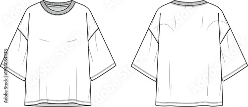 Oversized drop shoulder t-shirt technical fashion flat sketch vector template with front and back views for apparel design and mockup