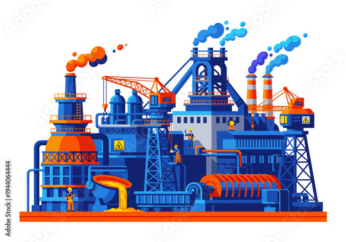 Modern industrial factory with smoking chimneys and molten metal pouring into ladle