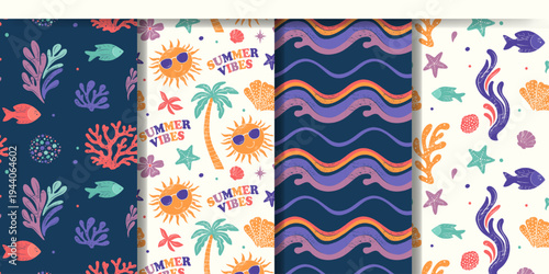Summertime backgrounds with waves, suns, palm tree, corals, flowers. Tropical seamless patterns in groovy style with texture
