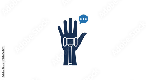 Illustration of a hand holding a gavel with a speech bubble.