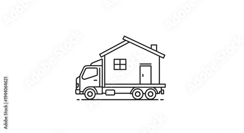 Illustration of a house being transported on a truck.