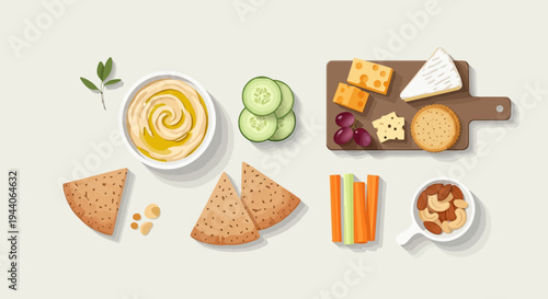 Healthy Hummus Platter with Assorted Cheeses and Vegetables.