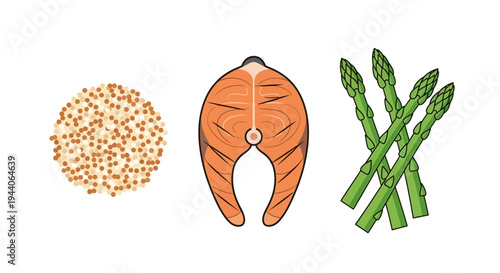 Healthy Food Ingredients Salmon Asparagus and Grains.