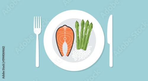 Healthy Salmon Steak with Asparagus on a White Plate.