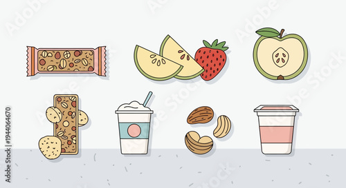 Healthy Snack Assortment with Fruits Nuts and Drinks.