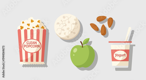 Healthy Snacks Assortment Popcorn Apple Yogurt Almonds.