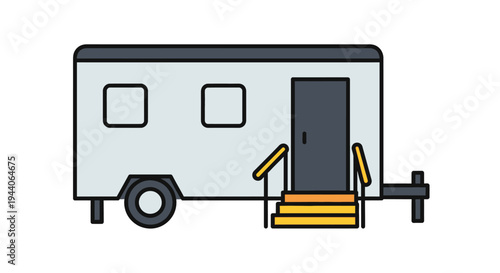 Illustration of a portable trailer with steps and windows.