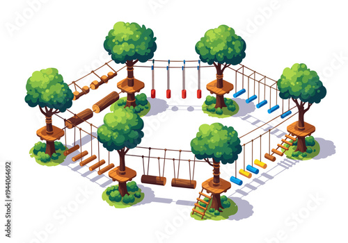 Cartoon adventure park with rope bridges and obstacles set on trees