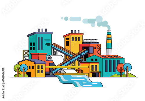 Modern factory complex with conveyor belts processing logs and emitting smoke from chimney