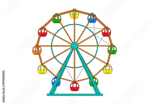 Colorful Ferris wheel with gondolas against a white background, vector illustration