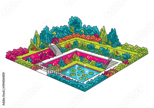 Stylized isometric garden with a central pond, colorful flowers, lush greenery, and stairs
