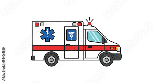 Illustration of a white ambulance with red stripes and emergency lights.