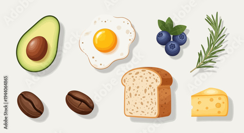 Healthy Breakfast Ingredients Assortment Overhead View.