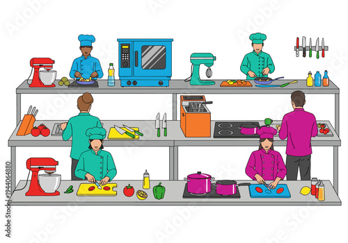 Diverse chefs working together in a busy professional kitchen preparing food on multiple workstations