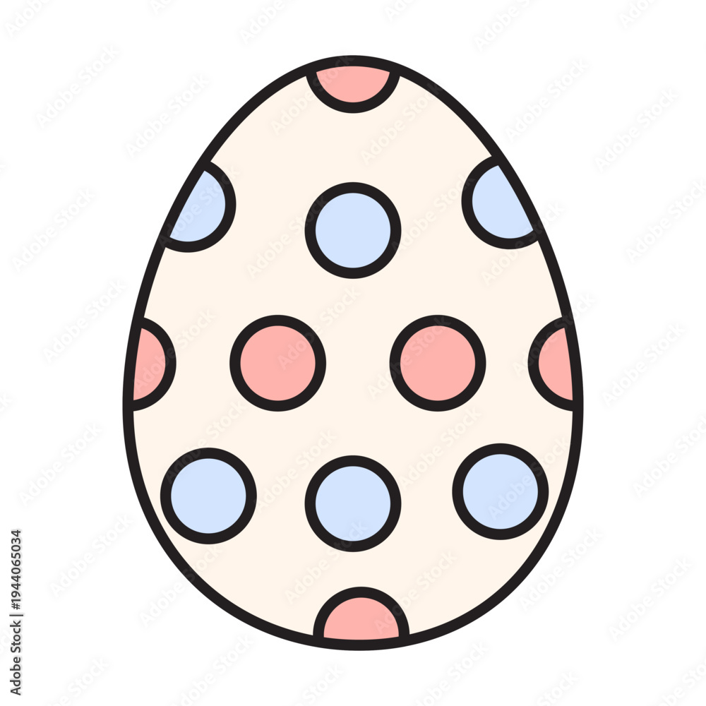 Fototapeta premium Colorful Easter egg icon with editable stroke. Decorative patterns include dots, waves, and zigzags. High-quality vector illustration with pastel pink and blue palette