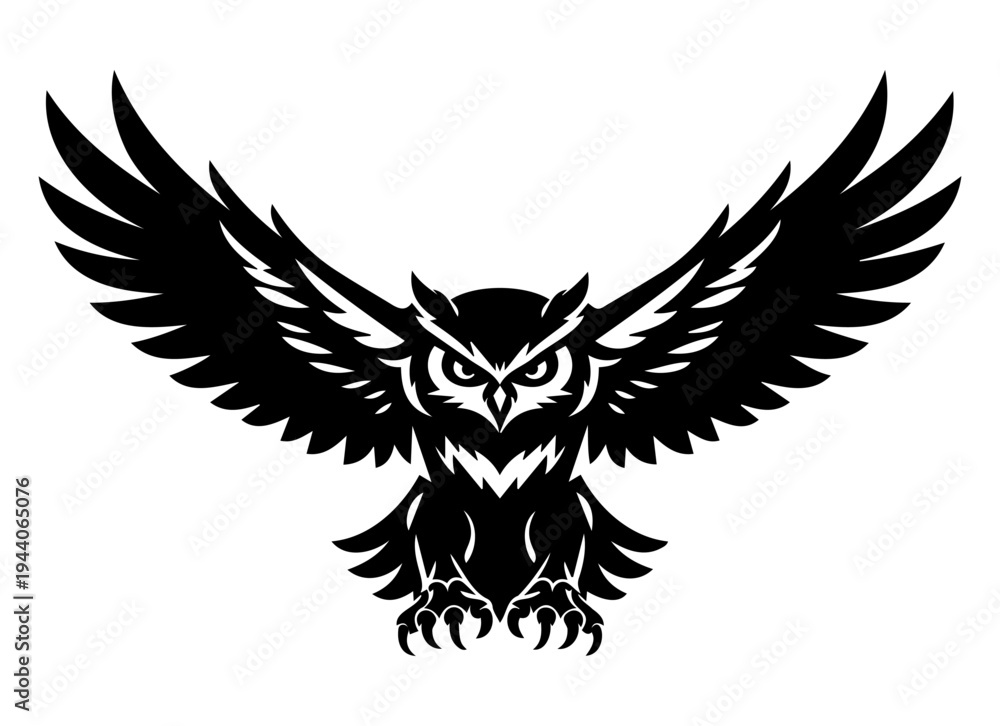 Fototapeta premium Owl With Spread Wings Black Silhouette Vector Illustration
