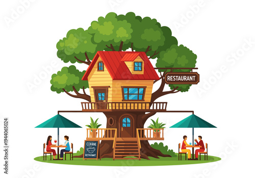 Charming treehouse restaurant with outdoor seating and diners enjoying a meal