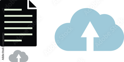 Cloud Computing Icon Set with Document Upload and Data Storage Symbols for Web Hosting, Digital Backups, Network Services, and Software Interface Designs