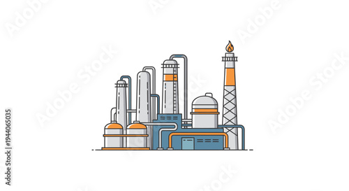 Industrial Oil Refinery Plant with Tall Stacks and Tanks.