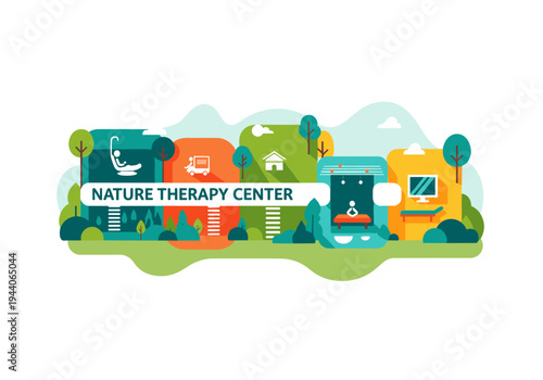 Nature therapy center with icons representing wellness, delivery, and technology