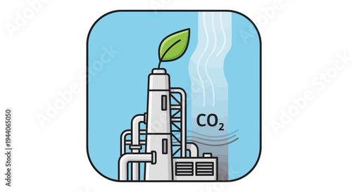 Industrial plant emitting CO2 with a green leaf symbol.