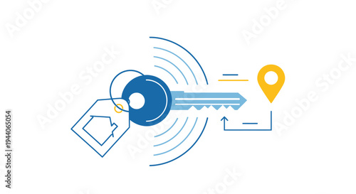 Key with House Tag and Location Pin Symbolizing Real Estate.