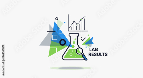Laboratory flask with magnifying glass and graph representing lab results.