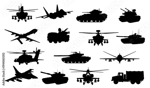 Modern military vehicles silhouettes collection tanks helicopters fighter jets drones army transport vector set